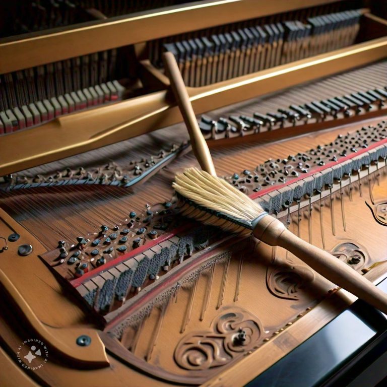 A piano soundboard being cleaned with a soundboard duster